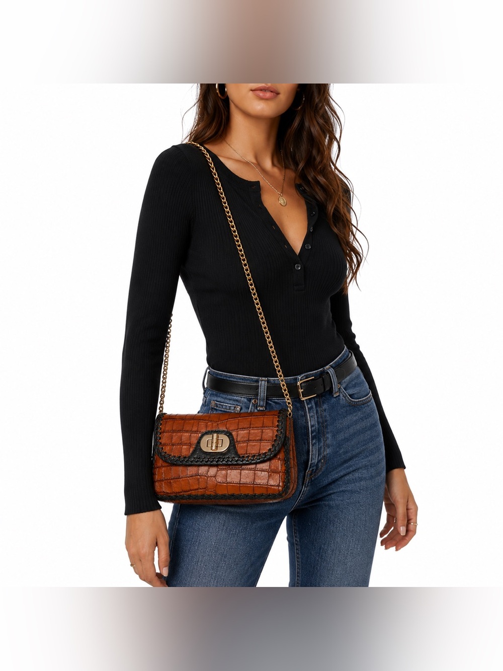 Badgley Mischka Brown Croc Embossed Shoulder Bag Gold Chain Whipstitch